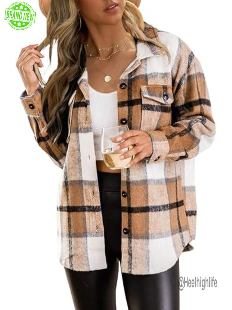 Flannel Shacket Casual Jacket Plaid Button Down Long Sleeve Shirt Fall Winter
